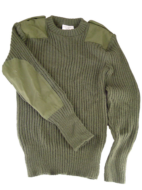 British Roundneck Wool PulloverClassic Ribbed Woolie Pullie with Elbow & Epaulette Patches